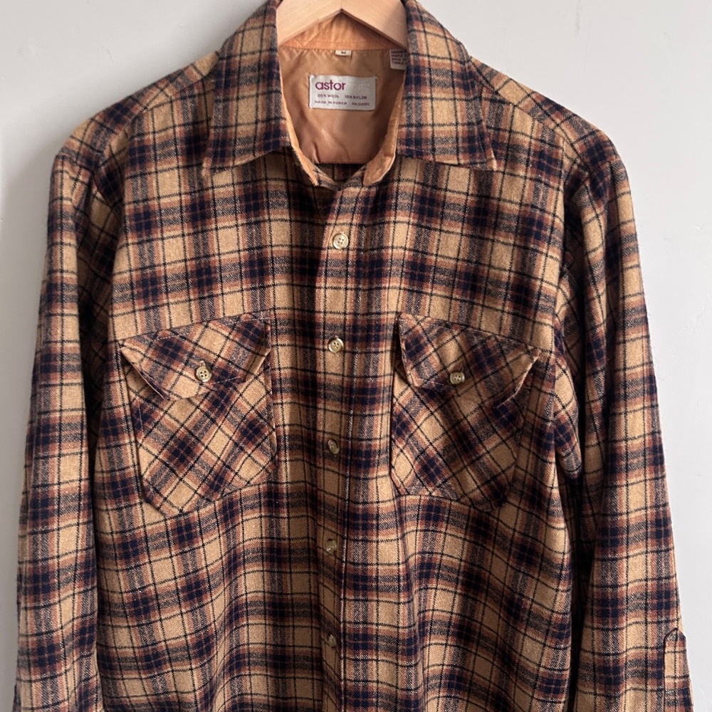 Astor One Shirt Mens Medium Flannel Plaid Blue Brown Wool Blend Korea VTG 80s